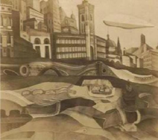 1930年二科展初入選作品「都会風景」（当時の展覧会はがきより）